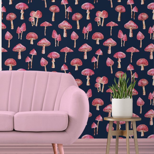 Mushroom pattern wallpaper  (pink mushroom and navy wallpaper)