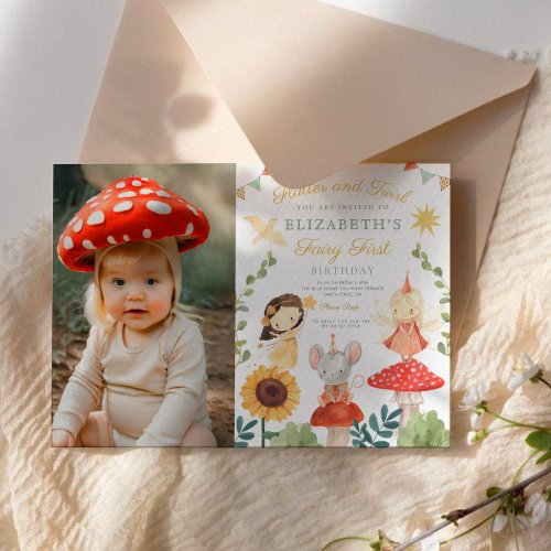 Mushroom Photo Enchanted Fairy First Birthday Invitation
