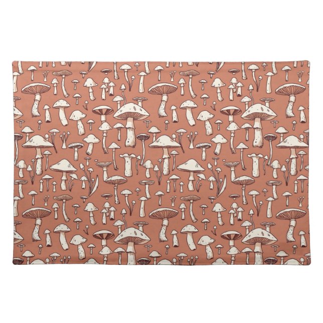 Mushroom Print on Terracotta Brown Cloth Placemat (Front)