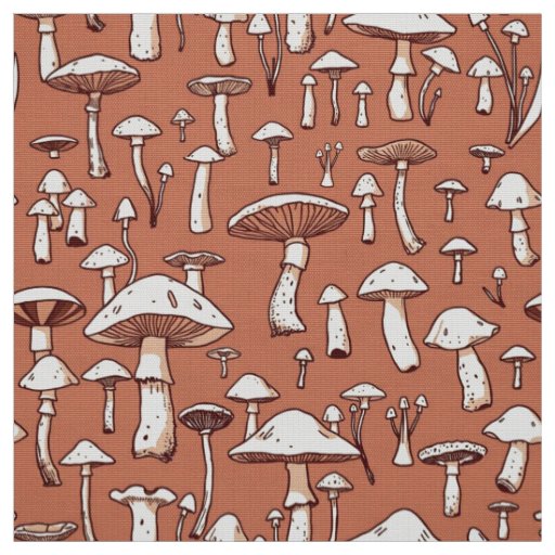 Mushroom Print on Terracotta Brown Fabric