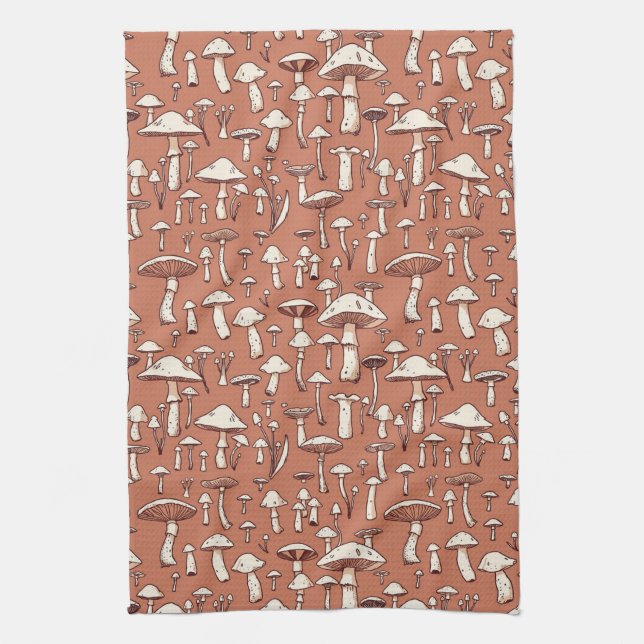 Mushroom Print on Terracotta Brown Kitchen Towel (Vertical)