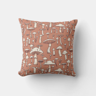 Mushroom Print on Terracotta Brown Outdoor Pillow