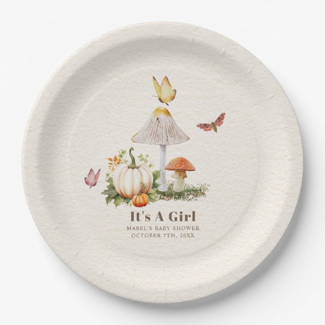Mushroom Pumpkin Butterfly Woodland Baby Shower Paper Plates (Front)
