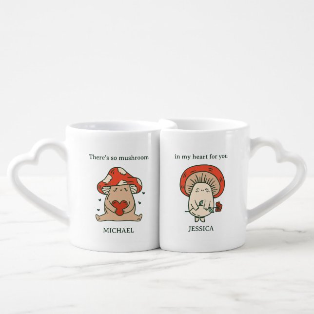 Mushroom Pun Cute Couple Funny Valentine's Day Coffee Mug Set (Front Nesting)