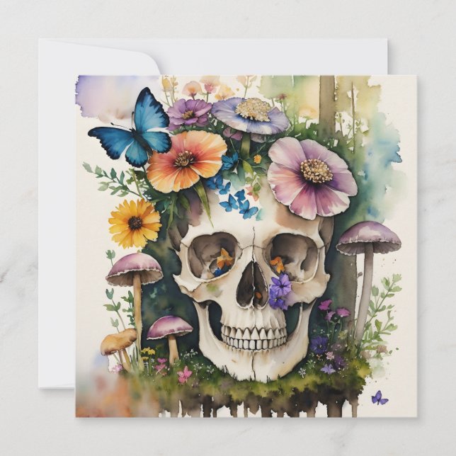 Mushroom Skull Floral Watercolor Art Invitation (Front)