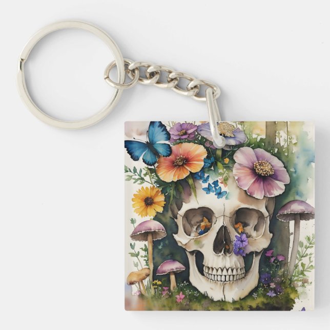 Mushroom Skull Floral Watercolor Art Keychain (Front)