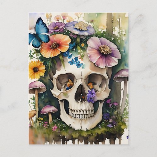 Mushroom Skull Floral Watercolor Art Postcard