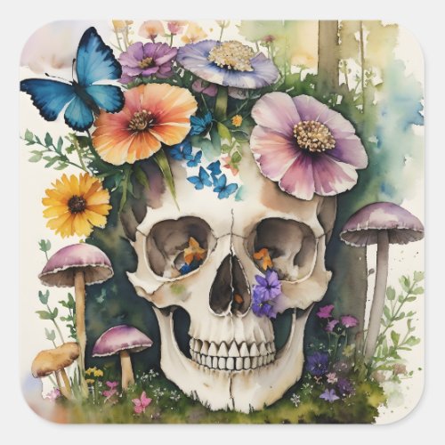 Mushroom Skull Floral Watercolor Art Square Sticker