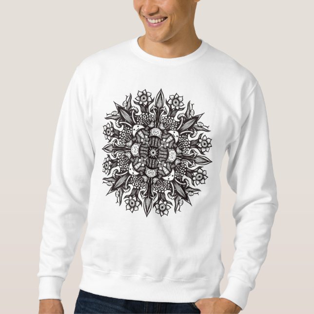 Mushroom tattoo black white psychedelic mandala sweatshirt (Front)