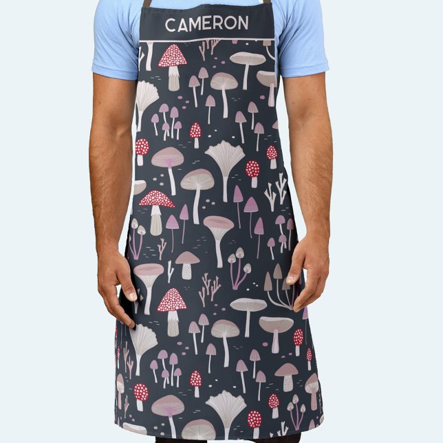Mushroom Toadstool Fungi Personalized Name Apron (Mushroom Fungi Toadstool pattern personalized custom name apron)
