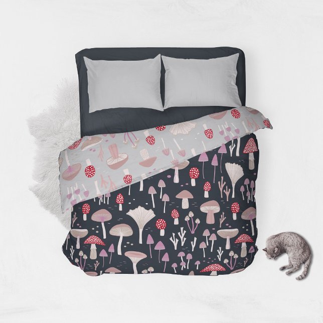 Mushroom Toadstool Fungi Reversible Duvet Cover (Mushroom toadstool and fungi reversible light and dark gray duvet cover)