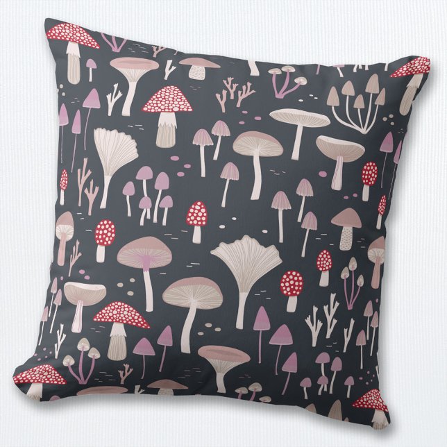 Mushroom Toadstool Fungi Throw Pillow (Mushroom, toadstool and fungi woodland pattern throw pillow)