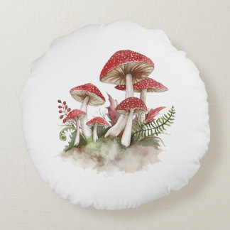 Mushroom Toadstool Watercolor Artwork Round Pillow