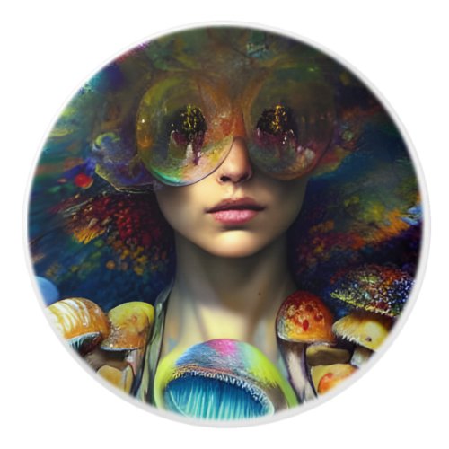 Mushroom Visions Trippy Retro AI Generated Art Ceramic Knob