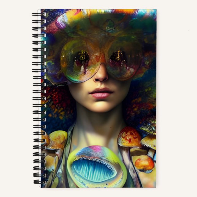 Mushroom Visions Trippy Retro Woman AI Generated  Notebook (Front)