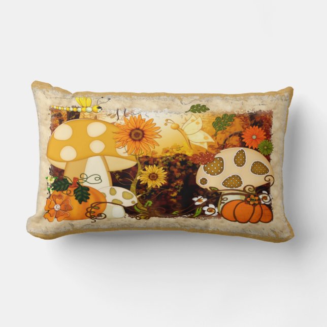 Mushroom Whimsical Autumn Fantasy Lumbar Pillow (Front)