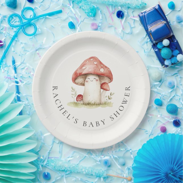 Mushroom Whimsical Gender Neutral Cute Baby Shower Paper Plates (Party)