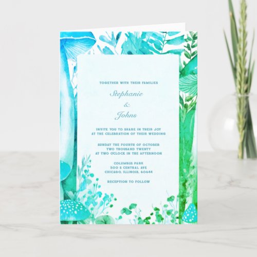 Mushroom Woodland Abstract Blue Green Boho Wedding Invitation