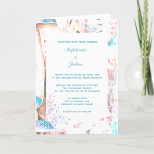 Mushroom Woodland Abstract Blue White Boho Wedding Invitation