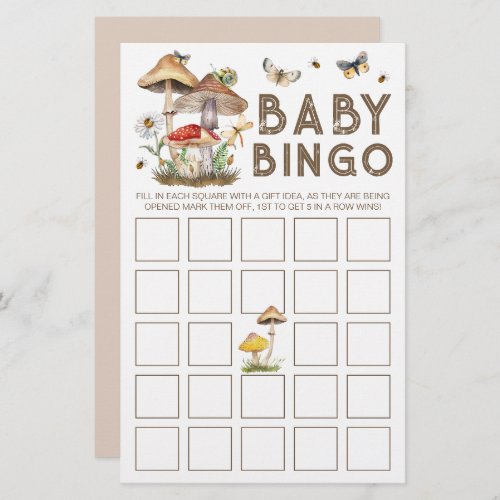 Mushroom Woodland Baby Shower Baby Bingo Game Card