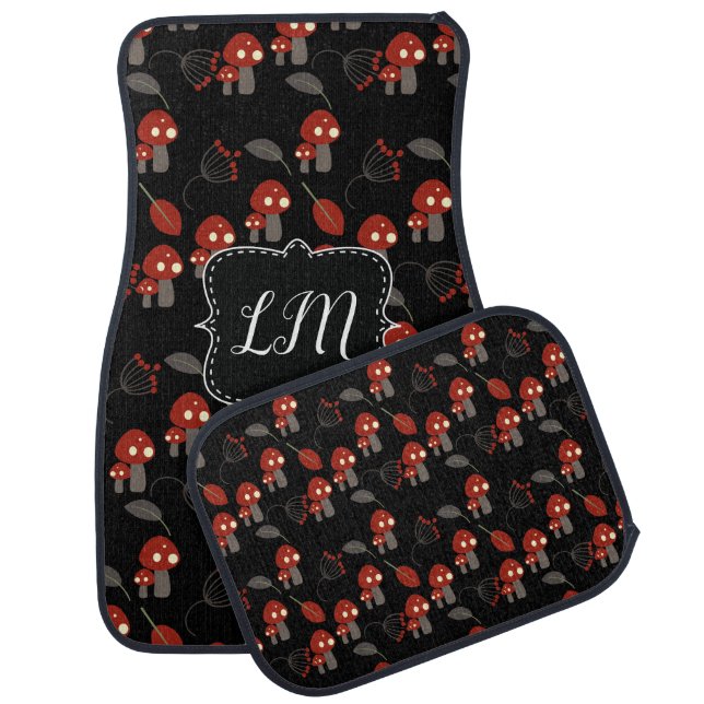 Mushroom Woodland Black Monogram Car Floor Mat (Set)