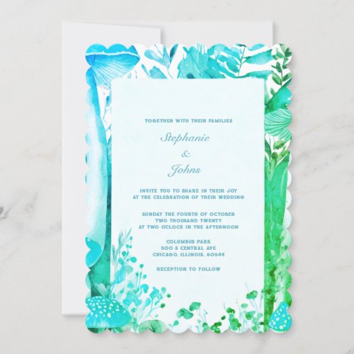 Mushroom Woodland Blue Green Abstract Boho Wedding Invitation
