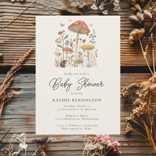 Mushroom Woodland Butterflies Modern Baby Shower Invitation