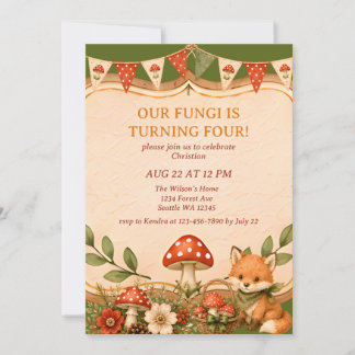 Mushroom Woodland Fox Boys Fourth Birthday Invitation
