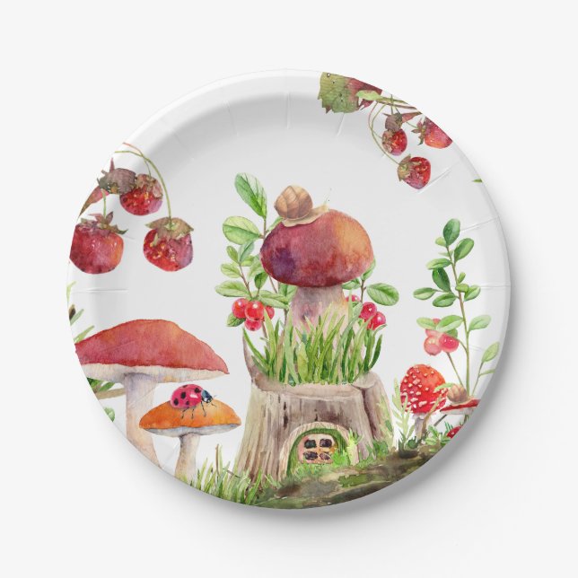 Mushroom Woodland Insects Baby Shower Paper Plates (Front)