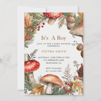 Mushroom Woodland Nature Boy Baby Shower Invitation
