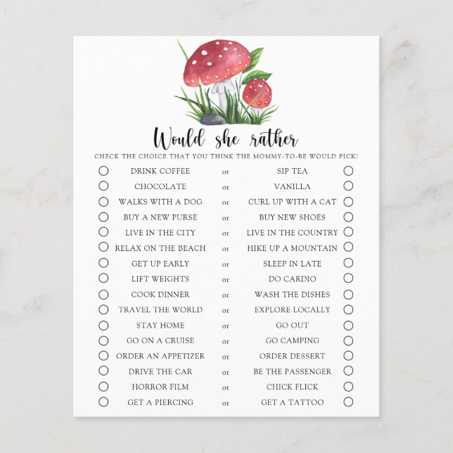 Mushroom Would She Rather Baby Shower Game (Front)