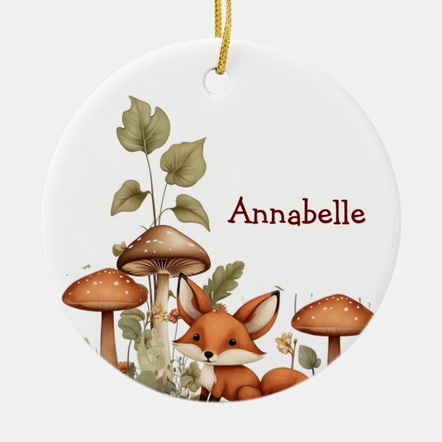 Mushrooms and Baby Fox Ornament (Front)
