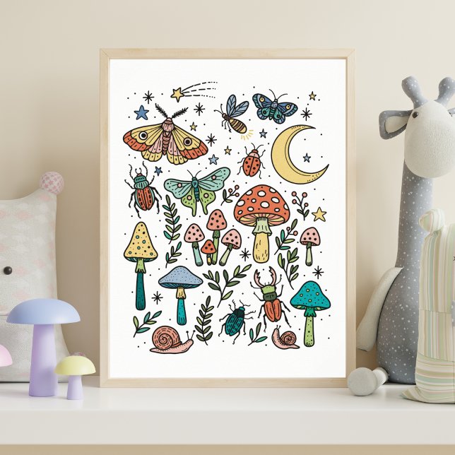 Mushrooms and Bugs Night Forest Kids Room Poster (Creator Uploaded)