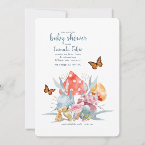 Mushrooms and Butterflies Baby Shower Invitation