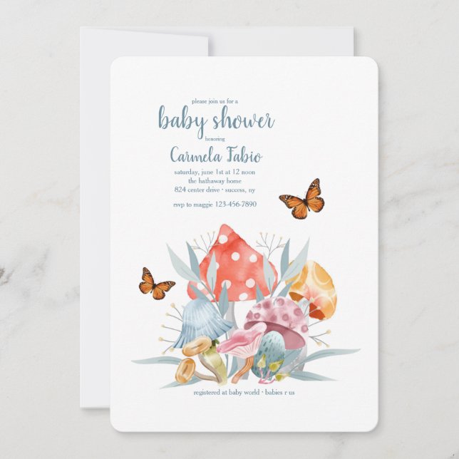 Mushrooms and Butterflies Baby Shower Invitation (Front)