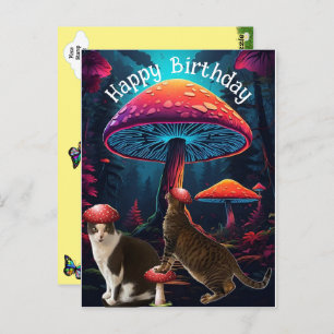 Mushrooms and Cats Birthday Postcard