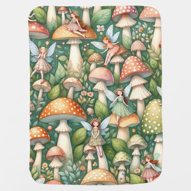Mushrooms and Fairies Baby Blanket (Front)