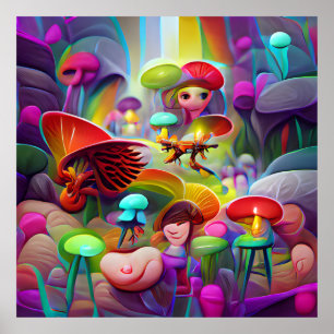 Mushrooms and fairies cartoon artwork poster