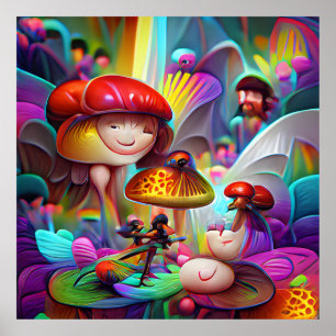 Mushrooms and fairies cartoon artwork poster