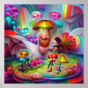 Mushrooms and fairies cartoon artwork poster