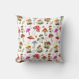 Mushrooms and Fairy Forest Friends Throw Pillow