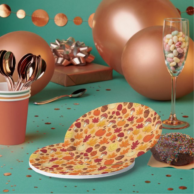 Mushrooms and Falling Leaves Enchanted Autumn Paper Plates (Multi)