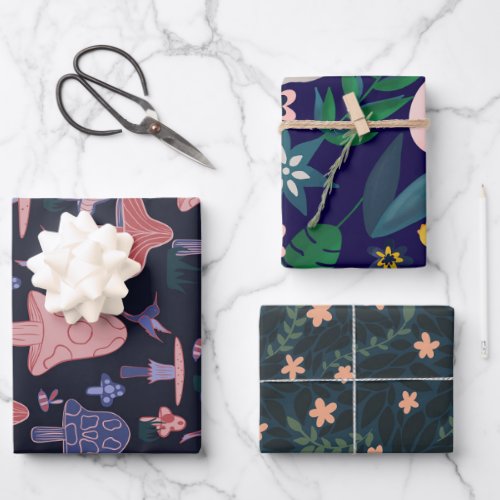 Mushrooms and Floral Wrapping Paper Set of Three