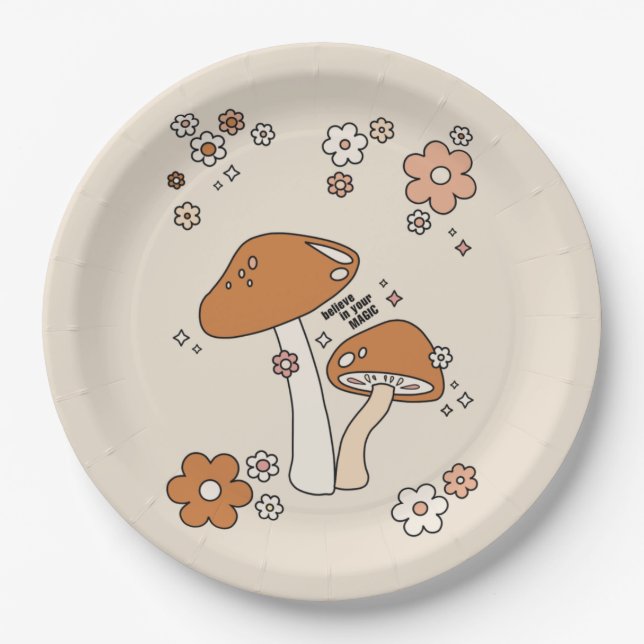 Mushrooms And Flowers Earth Tones Beige Retro 70s Paper Plates (Front)
