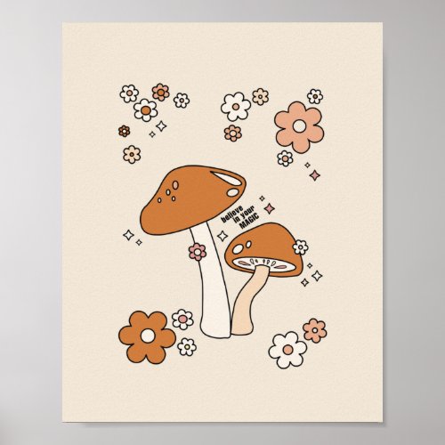 Mushrooms And Flowers Earth Tones Beige Retro 70s Poster