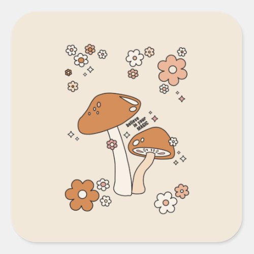 Mushrooms And Flowers Earth Tones Beige Retro 70s Square Sticker