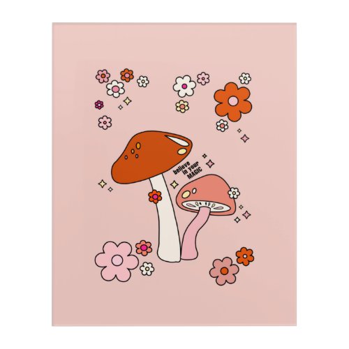 Mushrooms And Flowers Peach Art Retro 70s
