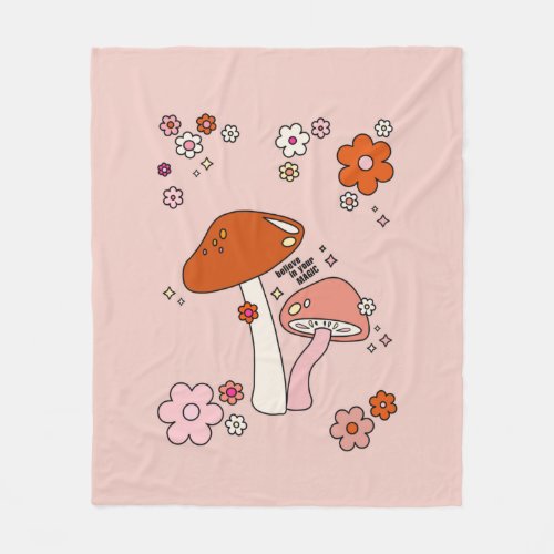 Mushrooms And Flowers Peach Art Retro 70s Fleece Blanket