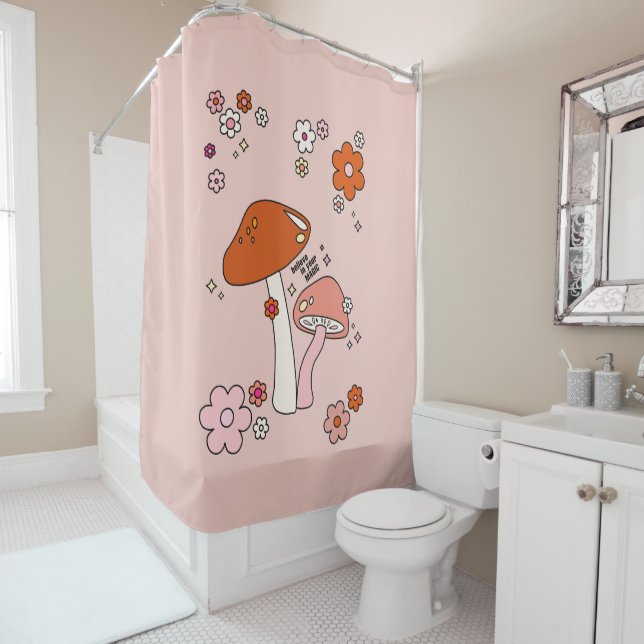 Mushrooms And Flowers Peach Art Retro 70s Shower Curtain (In Situ)