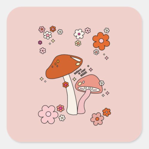 Mushrooms And Flowers Peach Art Retro 70s Square Sticker